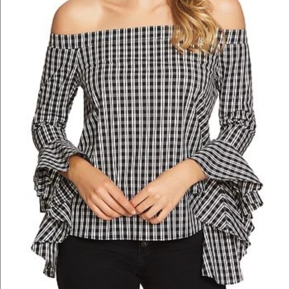 1 State stretch gingham off the shoulder cascade top S